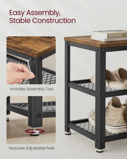 VASAGLE 28.7" Shoe Rack Bench 3-Tier Shoe Shelf Storage Bench with Metal Mesh Shelves and Seat Shoe Rack Rustic Brown and Brown