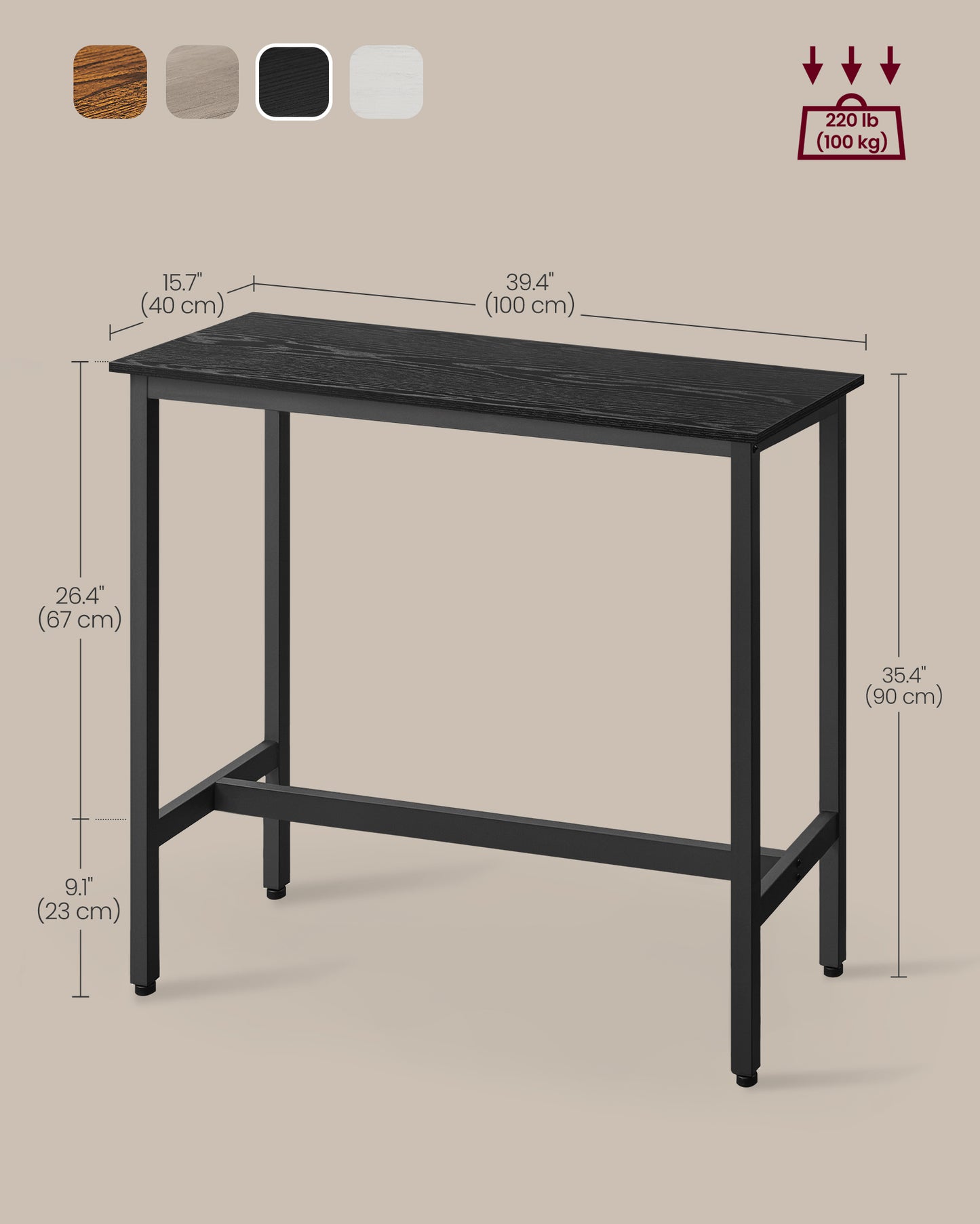 VASAGLE, Narrow Long Bar, Kitchen Dining, High Pub Table, Sturdy Metal Frame, Industrial Design Ebony Ink Black