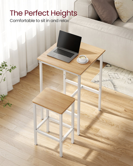 Bar Table and Chairs Set, Square Table with 2 Stools, Dining Pub Set for 2, Space Saving for Kitchen Breakfast, Living Room, Party Room, Golden Oak and Cloud White