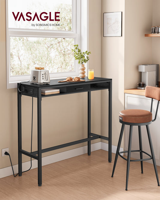 Bar Table, Bar Height Pub Table, Storage Kitchen Dining Table with Power Outlets and Movable Non-Woven Fabric Drawer, Hooks, Long High Top Table, 15.7 x 39.3 x 41.2 Inches, Ebony Black