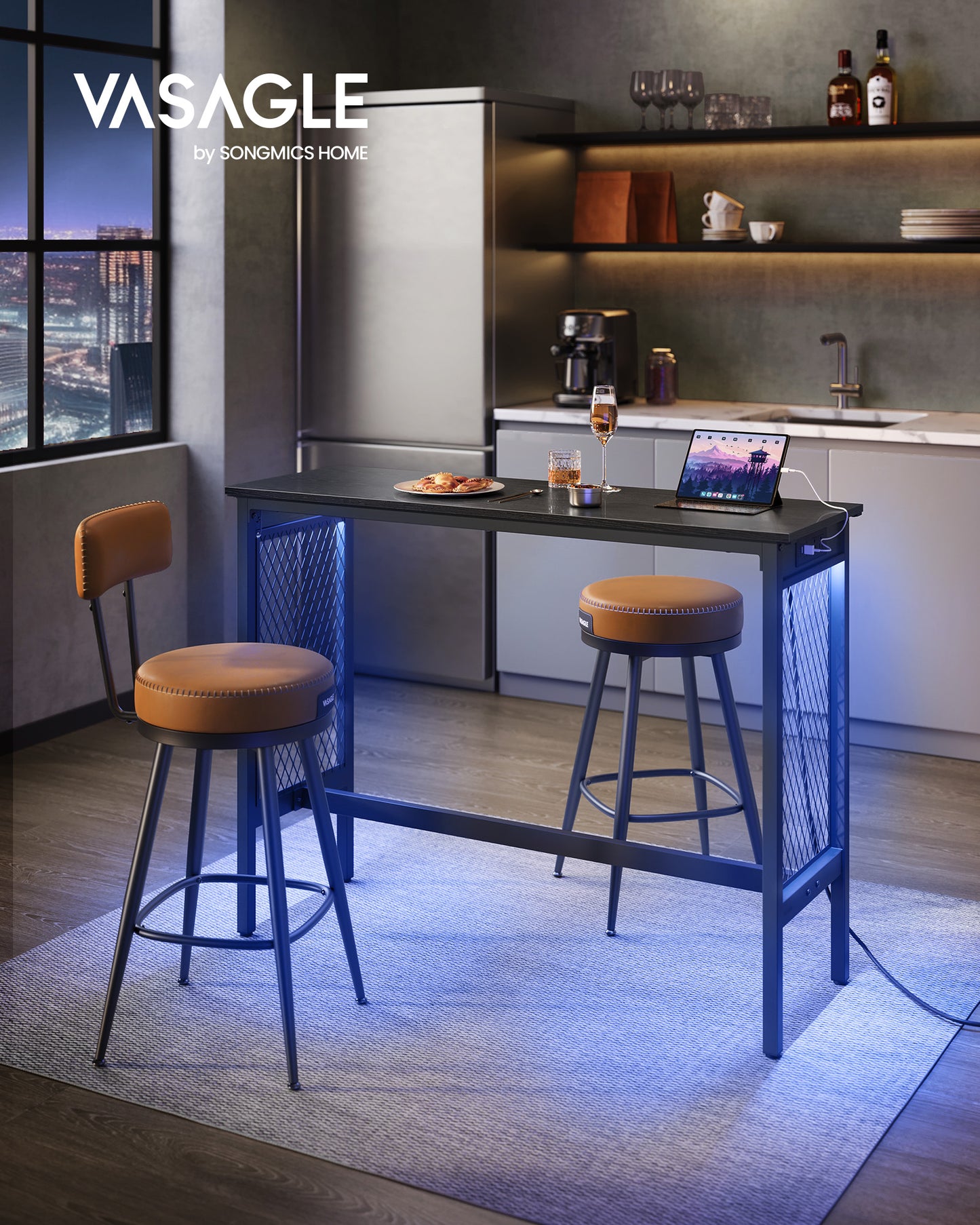 Bar Table, 47.2" Narrow Long Bar Table, Cocktail Tall Table with LED Lights, Built-in Power Outlets, Mesh Panels, High Top Pub Table for Dining Kitchen Home Bar