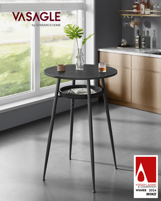 Bar Table with Storage, Round High Pub Table, Synthetic Leather with Stitching, Kitchen Home Bar, Ebony Black