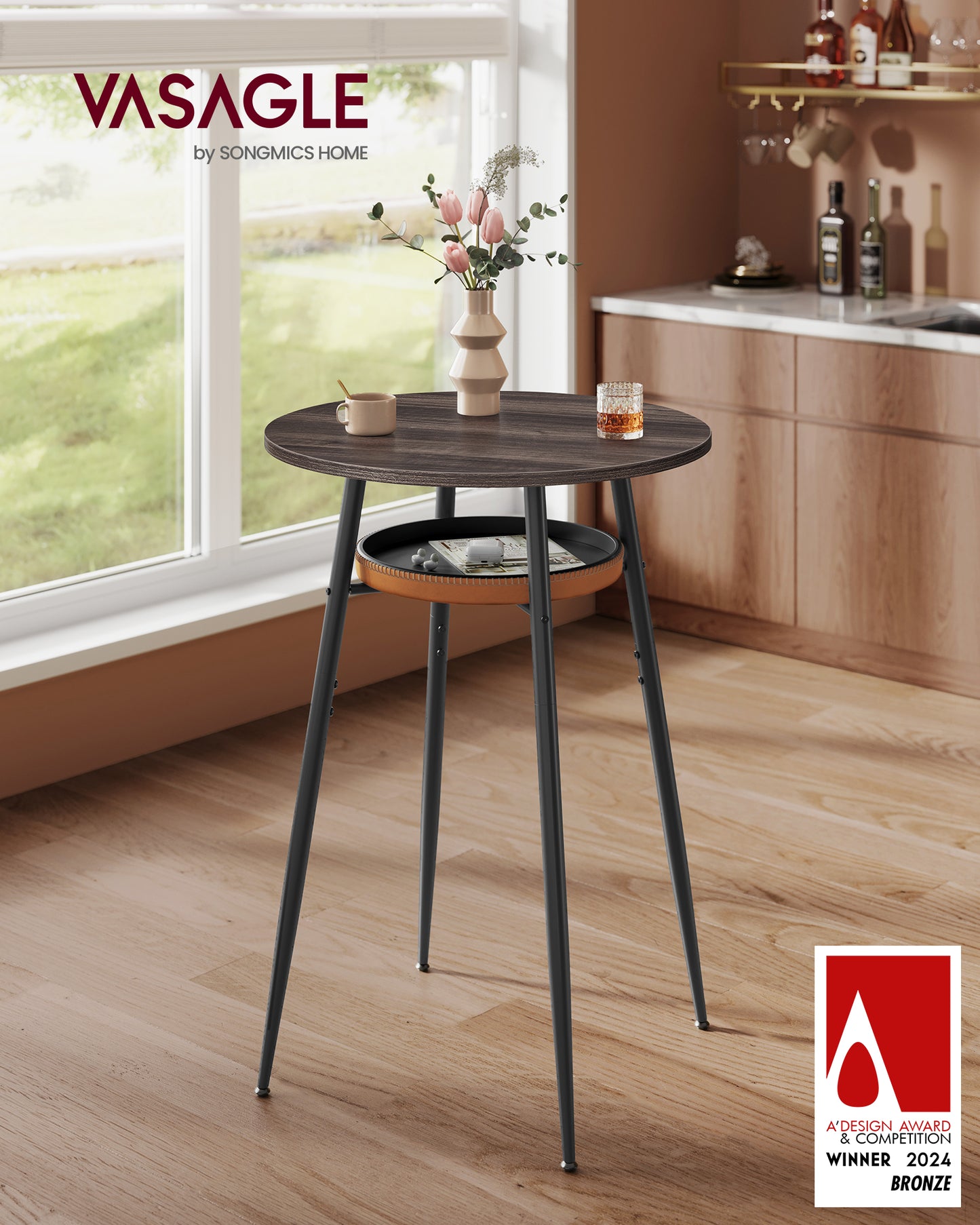 Round Bar Table with Storage, Ash Brown & Caramel Brown, Synthetic Leather, Mid-Century Modern, Easy Assembly