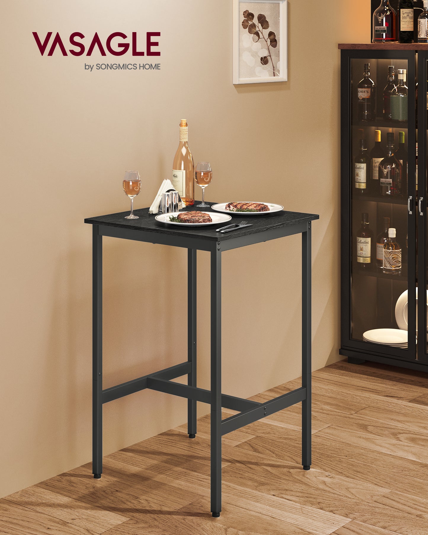 VASAGLE Bar Table, Small Kitchen Dining Table, High Top Pub Table, Height Cocktail Table, Sturdy Metal Frame, Ebony Black and Black