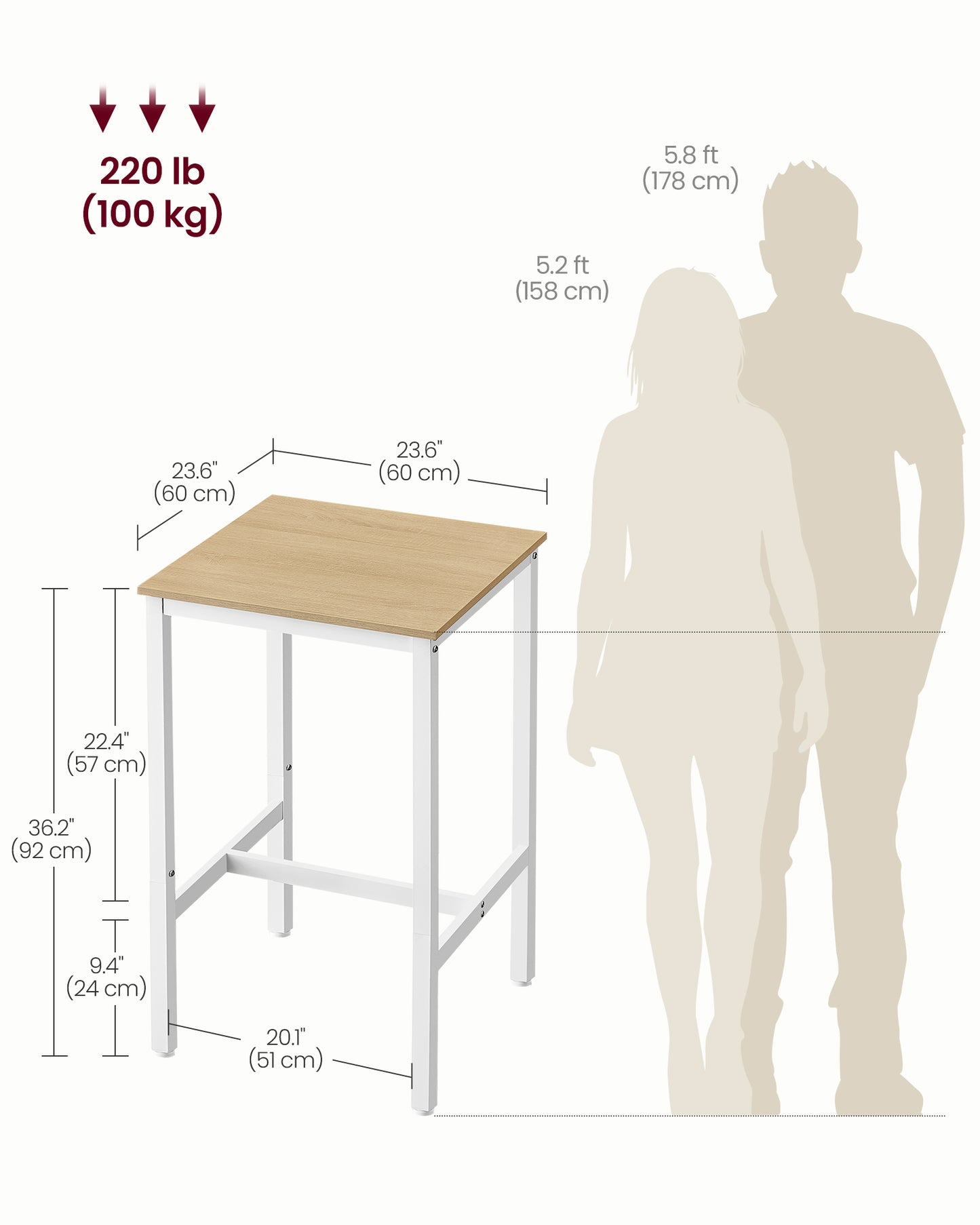 Bar Table, Small Kitchen Dining High Top Pub Cocktail Table for Living Room Party, Sturdy Metal Frame, 23.6 x 23.6 x 36.2 Inches for Narrow Spaces, Easy to Assemble, Oak Beige and White