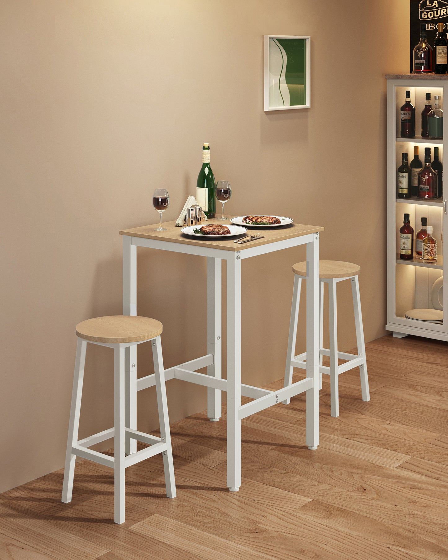 Bar Table, Small Kitchen Dining Table, High Top Pub Table, Height Cocktail Table for Living Room Party, Sturdy Metal Frame, 23.6 x 23.6 x 36.2 Inches for Narrow Spaces, Oak Beige and White