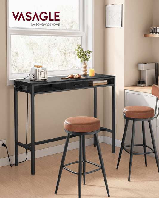 Bar Table, Bar Height Pub Table, Storage Kitchen Dining Table with Power Outlets and Movable Non-Woven Fabric Drawer, Hooks, Long High Top Table, 15.7 x 47.2 x 41.2 Inches, Ebony Black