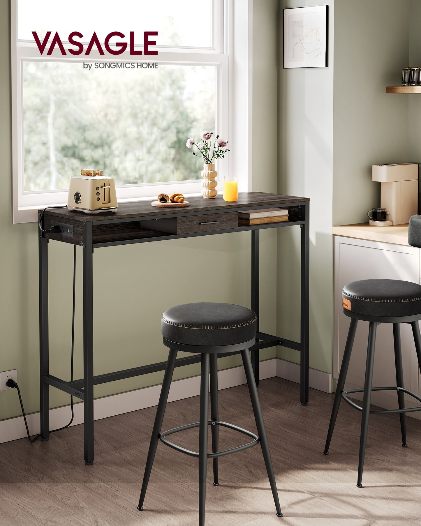 Bar Table with Power Outlet, 47.2 Inches Bar Height Pub Table, Rectangular Storage Kitchen Table with Movable Drawer, 2 Hooks, Narrow High Top Table for Dining, Home, Entryway