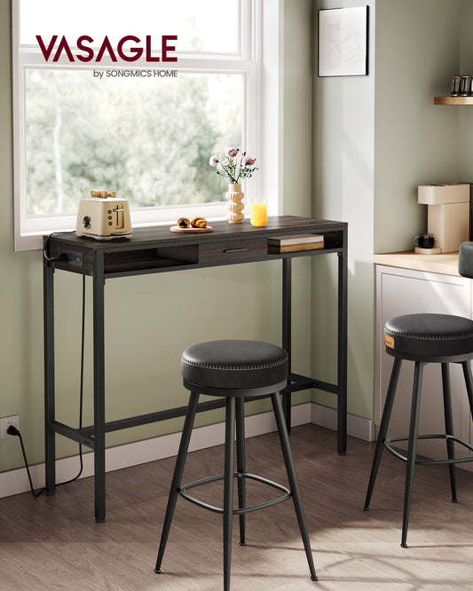 Bar Table with Power Outlet, 47.2 Inches Bar Height Pub Table, Rectangular Storage Kitchen Table with Movable Drawer, 2 Hooks, Narrow High Top Table for Dining, Home, Entryway