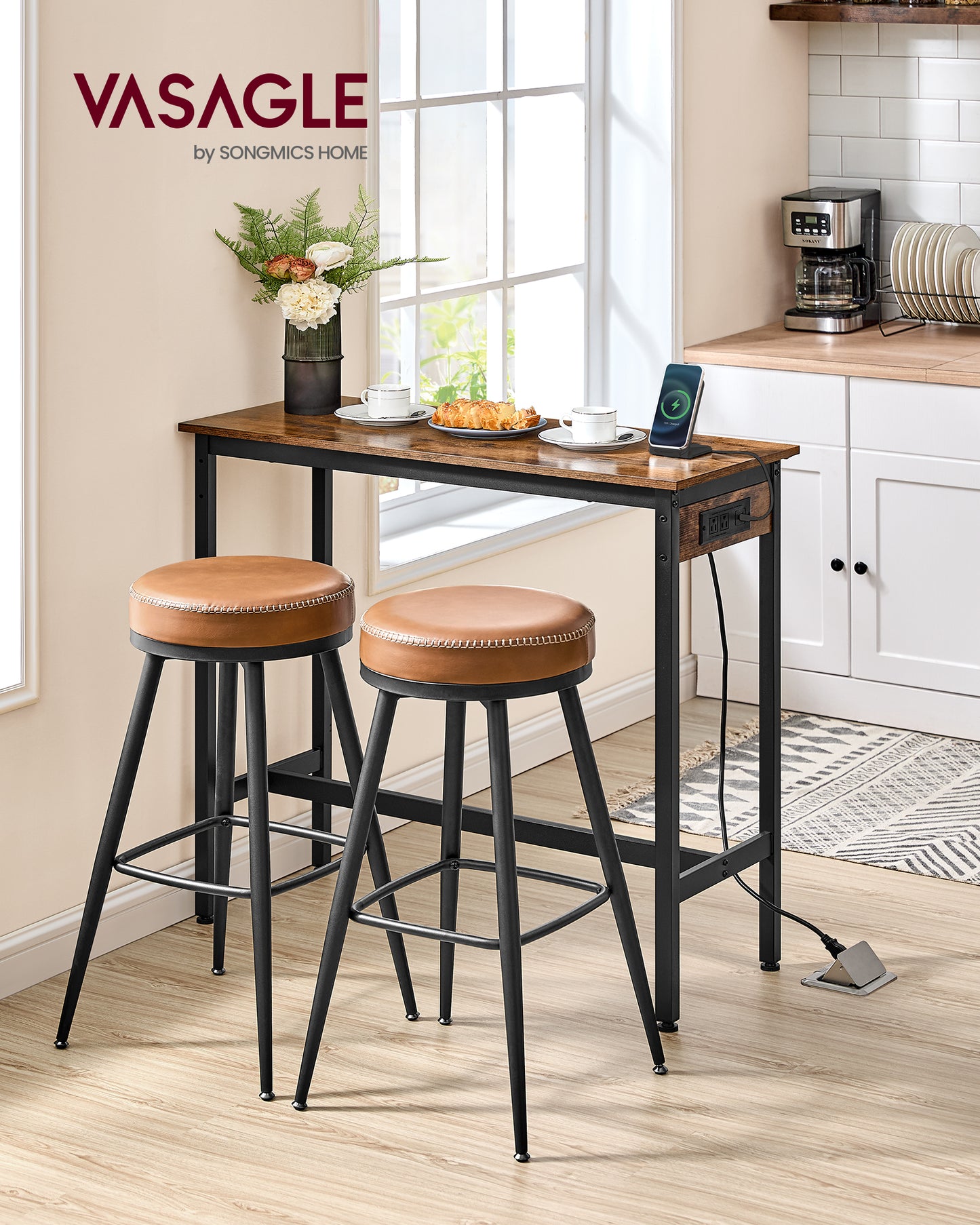 Narrow Long Bar Table for Kitchen & Dining, Sturdy Metal Frame with Built-in Charging Station, Industrial Style, 15.7x39.4x35.4 Inches, Rustic Brown and Ink Black
