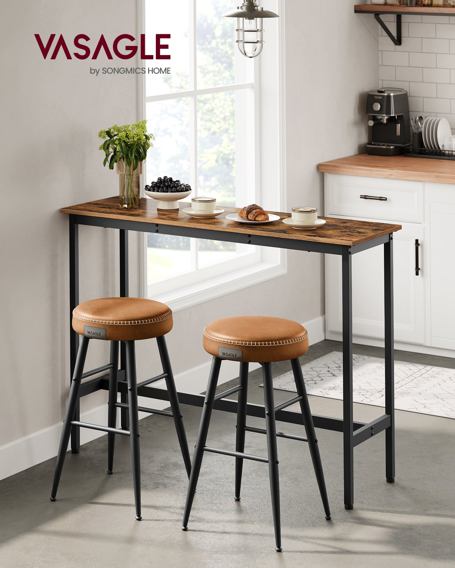 VASAGLE, Narrow Long Bar, Kitchen Dining, High Pub Table, Sturdy Metal Frame, Industrial Design, 15.7 x 47.2 x 35.4 Inches Rustic Brown