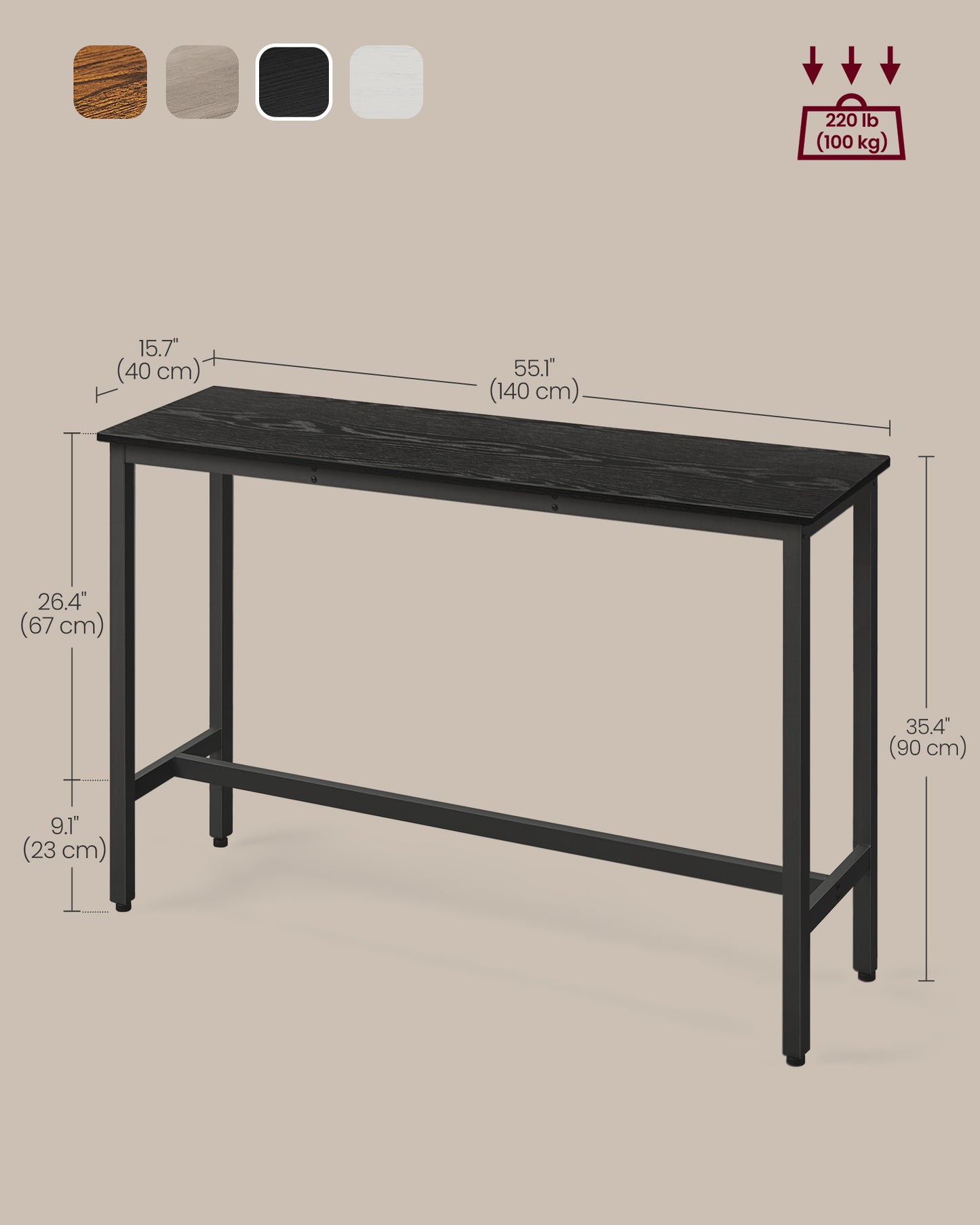 VASAGLE Narrow Long Bar, Kitchen Dining, High Pub Table, Sturdy Metal Frame, Industrial Design, 15.7 x 55.1 x 35.4 Inches Ebony Ink Black