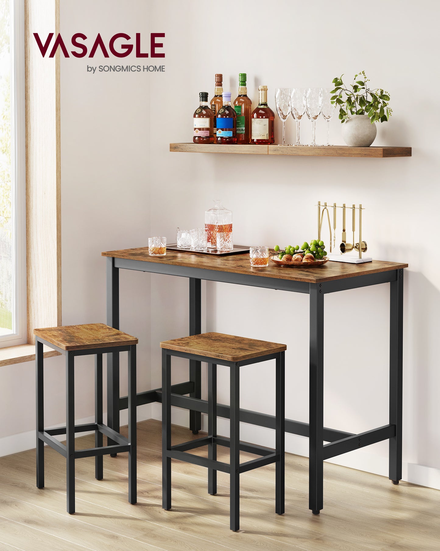 VASAGLE Bar Table Set, with 2 Bar Stools, Dining table set, Kitchen Counter with Bar Chairs, Industrial, Party Room, Rustic Brown and Black
