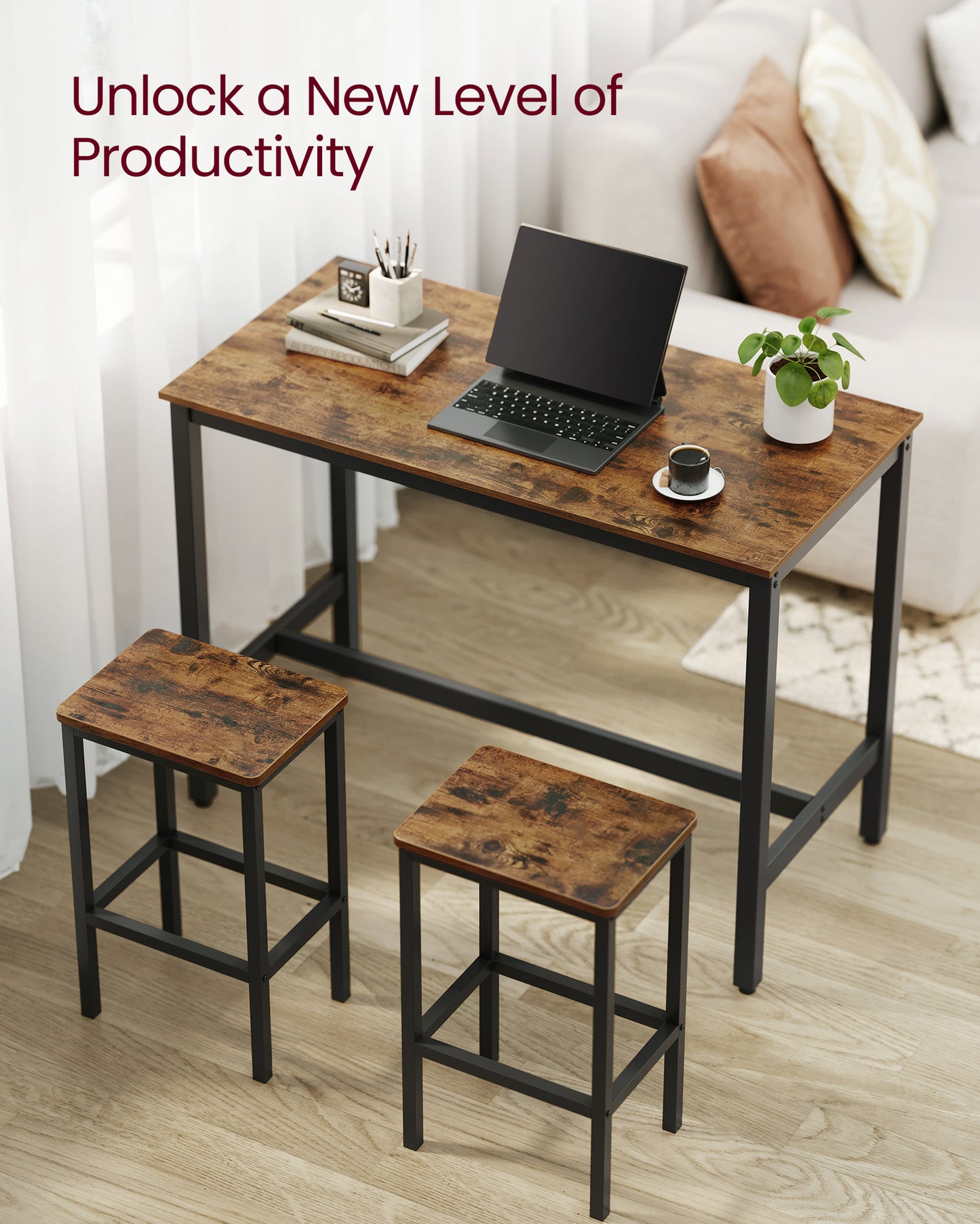 VASAGLE Bar Table Set, with 2 Bar Stools, Dining table set, Kitchen Counter with Bar Chairs, Industrial, Party Room, Rustic Brown and Black