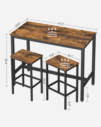 VASAGLE Bar Table Set, with 2 Bar Stools, Dining table set, Kitchen Counter with Bar Chairs, Industrial, Party Room, Rustic Brown and Black