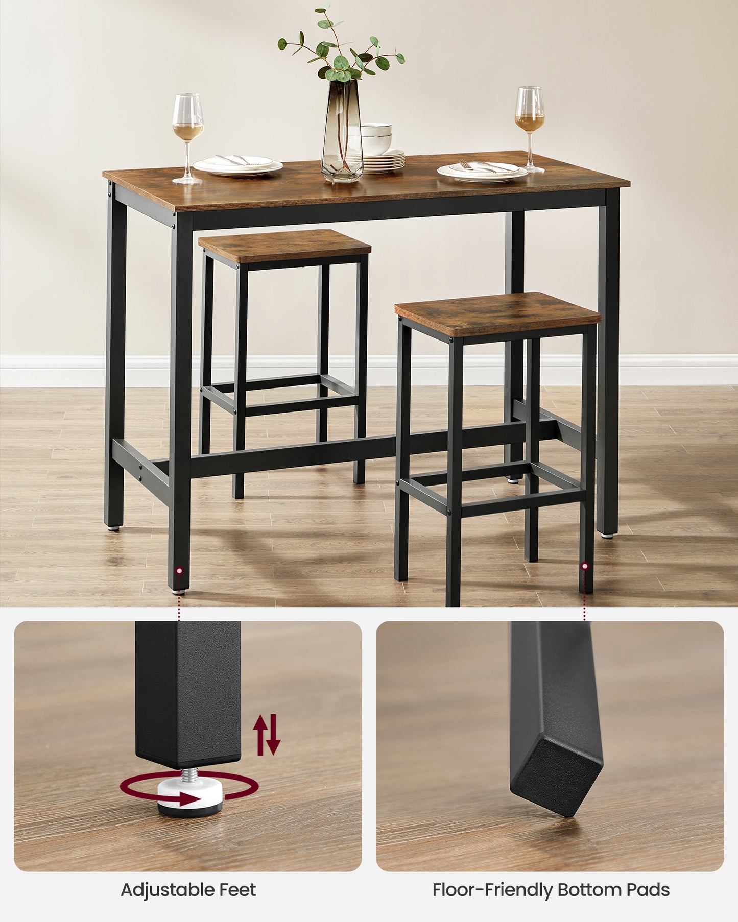 VASAGLE Bar Table Set, with 2 Bar Stools, Dining table set, Kitchen Counter with Bar Chairs, Industrial, Party Room, Rustic Brown and Black
