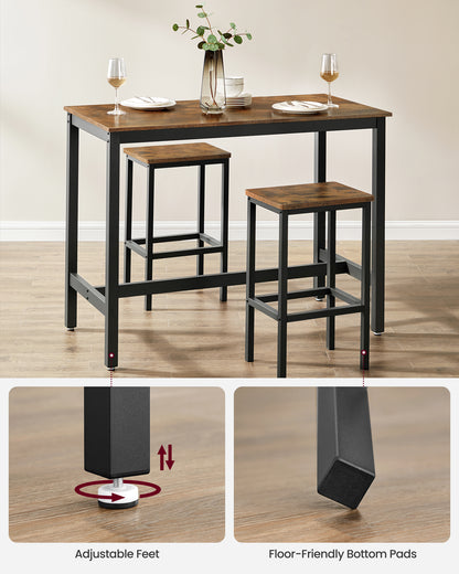 VASAGLE Bar Table Set, with 2 Bar Stools, Dining table set, Kitchen Counter with Bar Chairs, Industrial, Party Room, Rustic Brown and Black