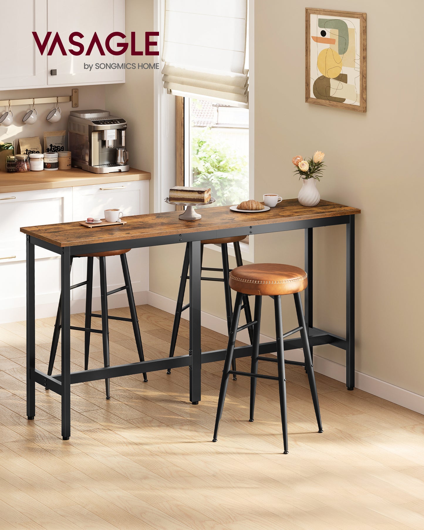 Narrow Industrial Bar Table for Small Spaces, 15.7x63 Inch Kitchen Dining Table with Sturdy Metal Frame, Rustic Brown and Black