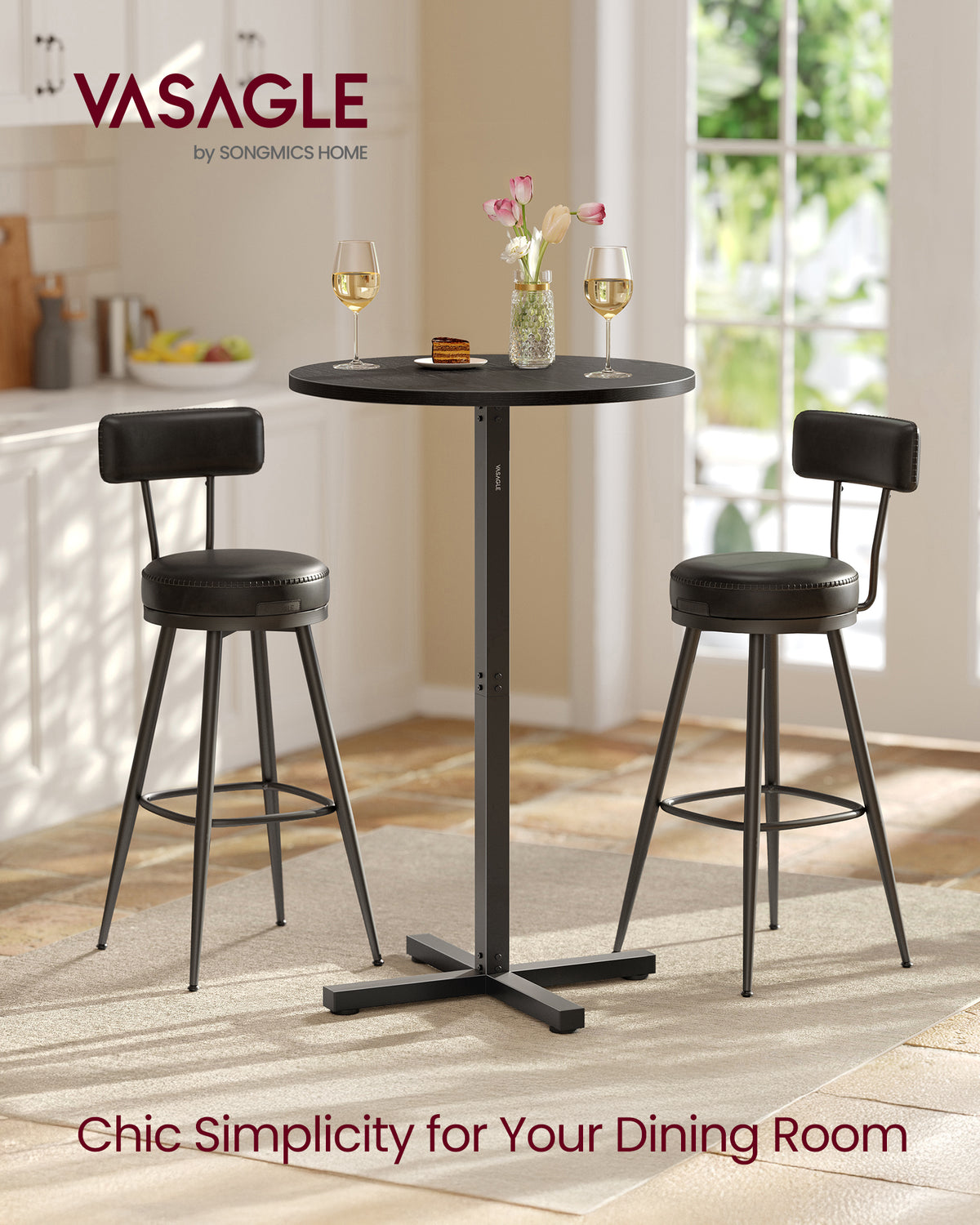 Round Bar Table, Modern Kitchen Table Dining Table, High-Top And Adjustable Feet, 23.6 Inch Dia Bar Table with Cross Base, 41.1" Height, Ebony Black