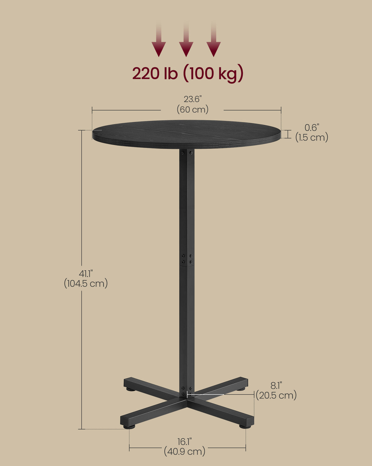 Round Bar Table, Modern Kitchen Table Dining Table, High-Top And Adjustable Feet, 23.6 Inch Dia Bar Table with Cross Base, 41.1" Height, Ebony Black