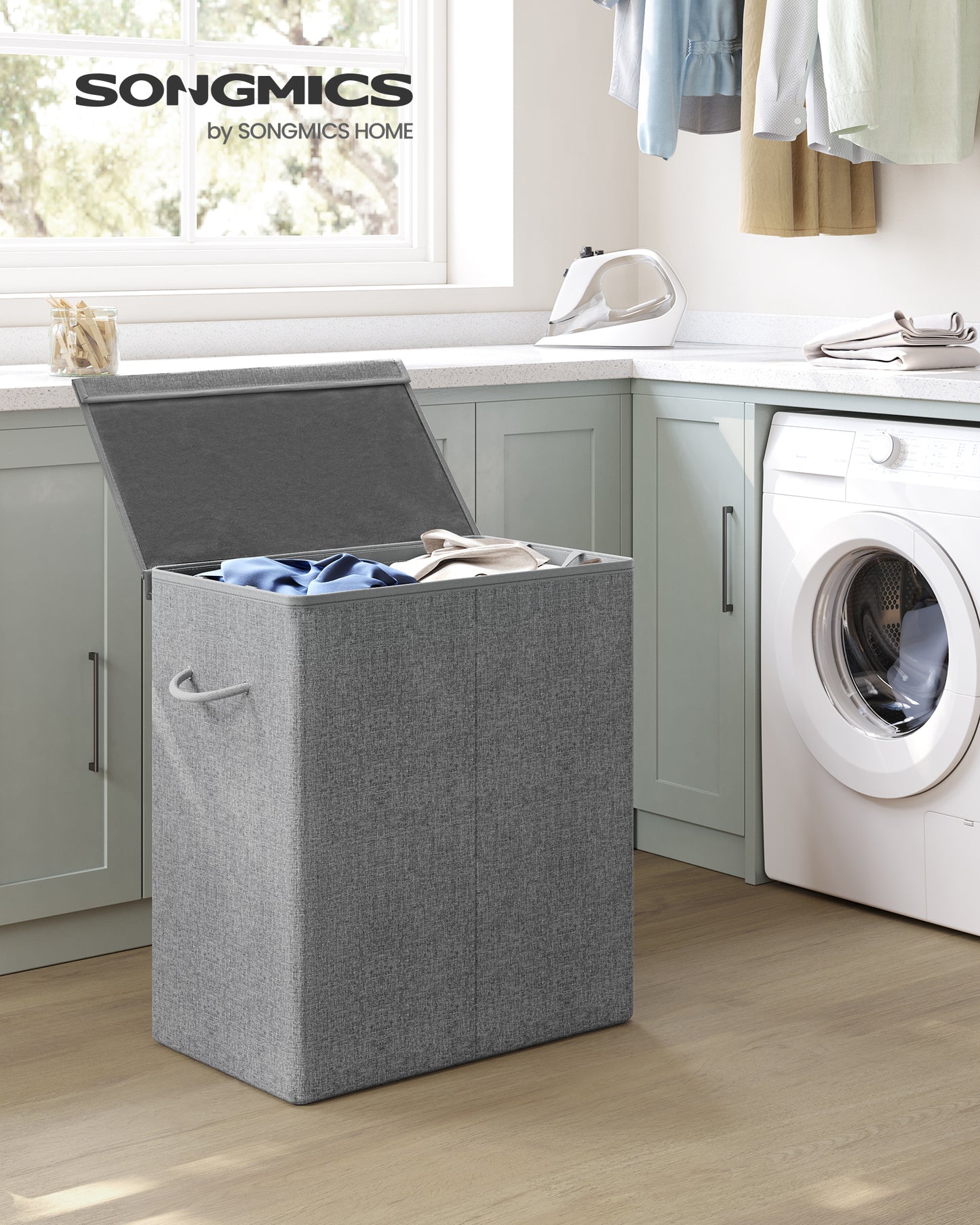 SONGMICS 142L Double Laundry Hamper with Lid Clothes Hamper with Removable Fabric Bag with Handles Gray	55.49