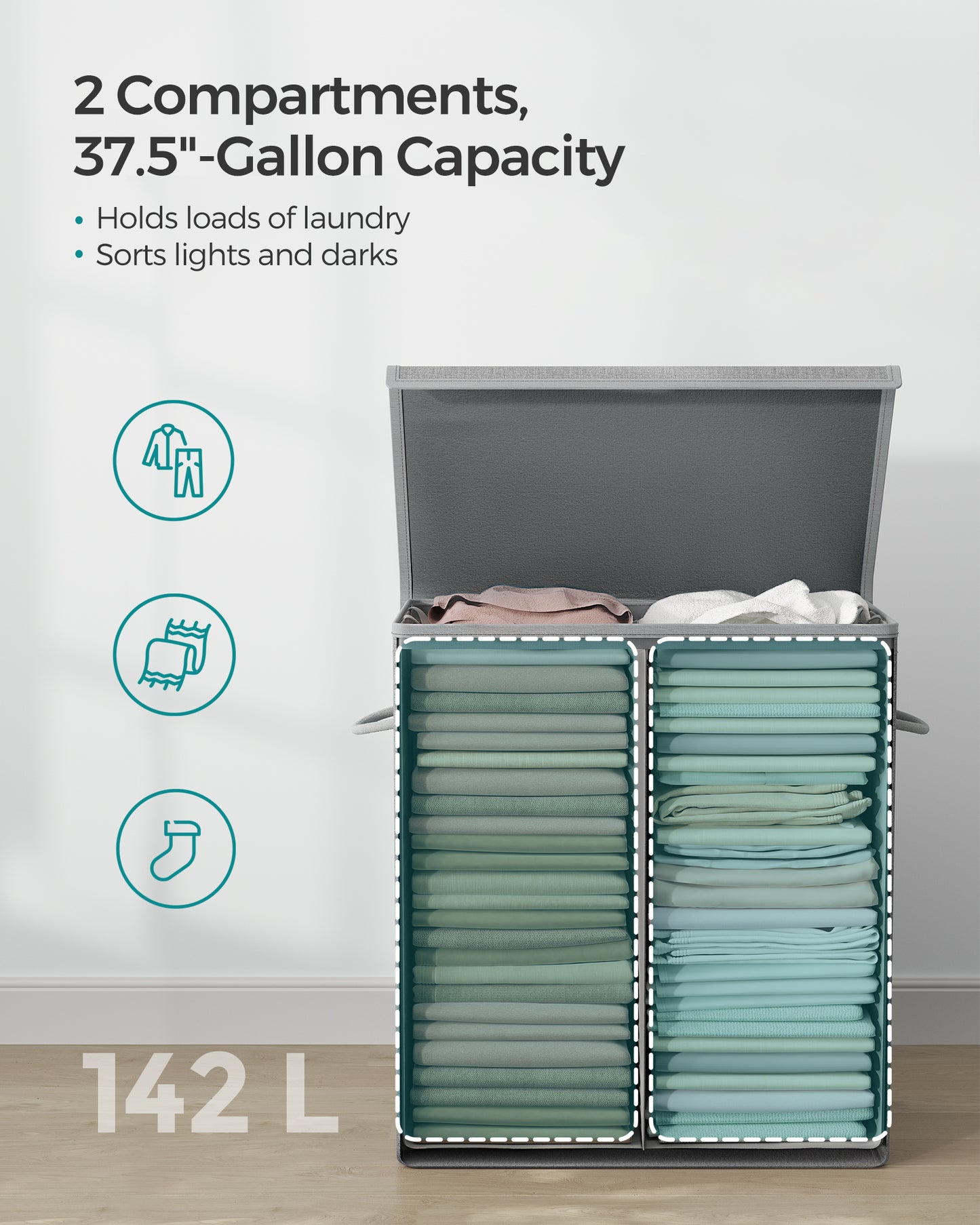Sturdy Double Laundry Hamper Organizer with Lid Removable Fabric Bag 142L Large Clothes Hamper Laundry Bin for Closet Laundry Room Bathroom Gray