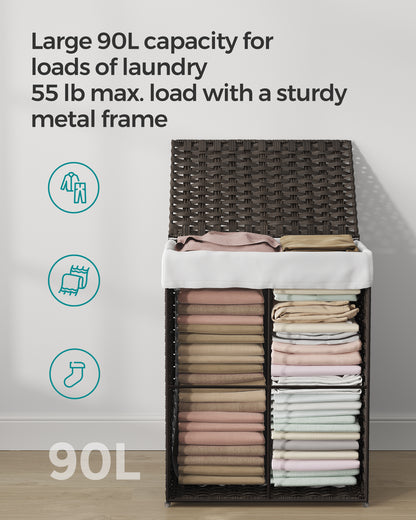 Laundry Hamper Sorter 23.8 Gal Synthetic Rattan Clothes Laundry Basket Storage with Lid and Handles, Removable Liner Laundry Sorter