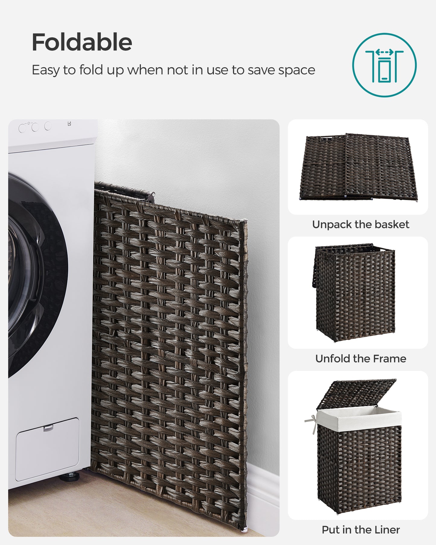 SONGMICS 23.8 Gal (90L) Laundry Hamper Laundry Basket with Lid and Handles Wicker hamper Brown