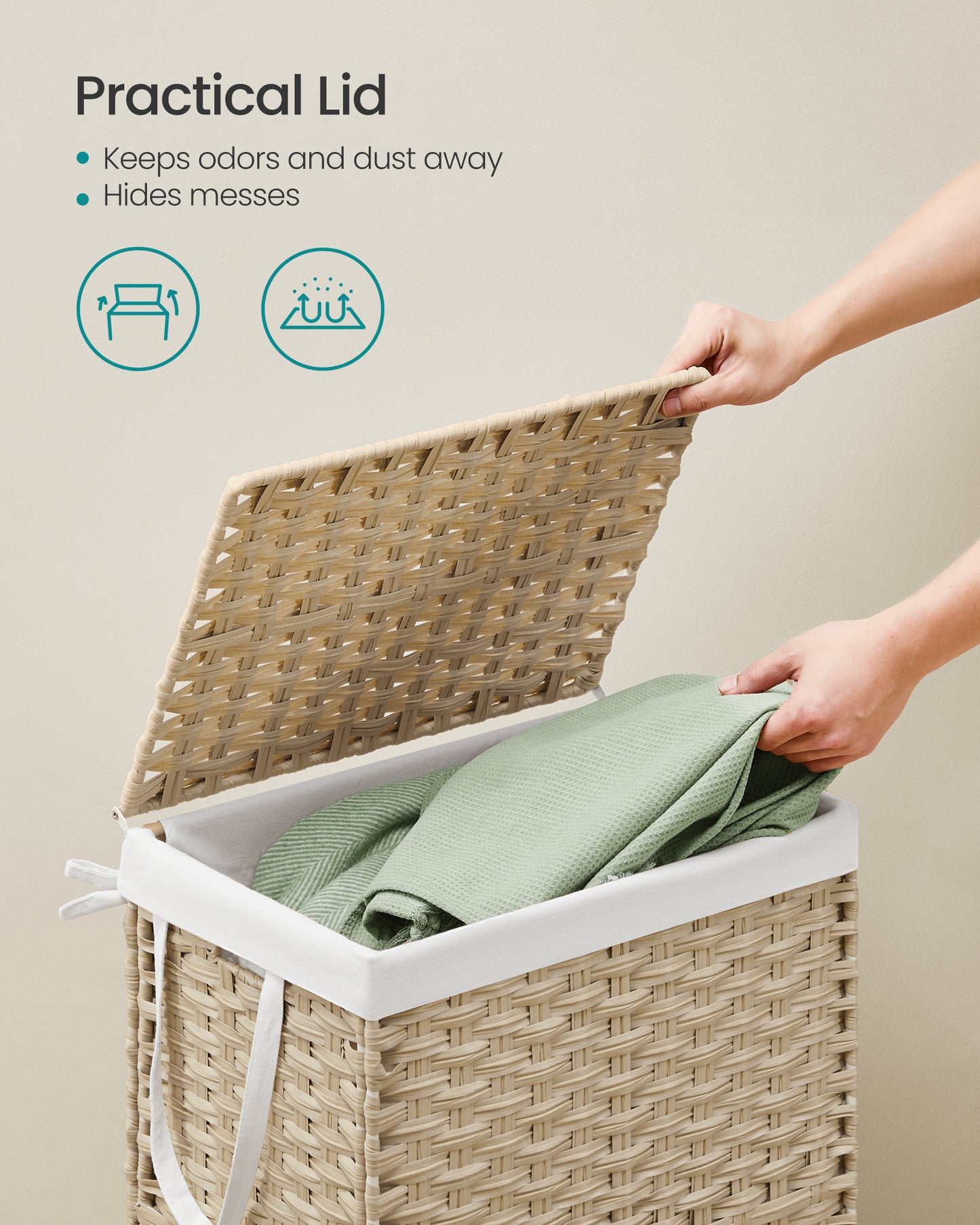 SONGMICS Laundry Hamper with Lid,23.8 Gallon (90L) Synthetic Rattan Laundry Basket with Lid and Handles,Foldable,Removable Liner,Summer Sand