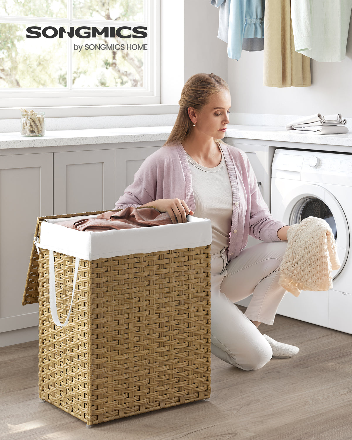 SONGMICS Laundry Hamper with Lid, 23.8 Gallon (90 L) Synthetic Rattan Clothes Laundry Basket with Lid and Handles, Foldable, Removable Liner, Goose Yellow
