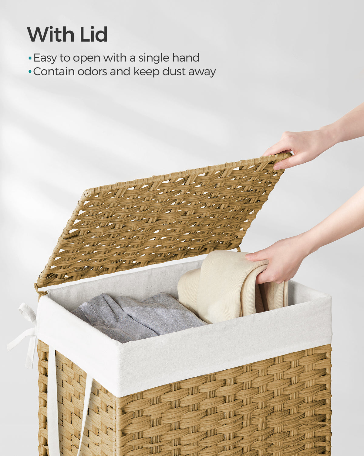 SONGMICS Laundry Hamper with Lid, 23.8 Gallon (90 L) Synthetic Rattan Clothes Laundry Basket with Lid and Handles, Foldable, Removable Liner, Goose Yellow
