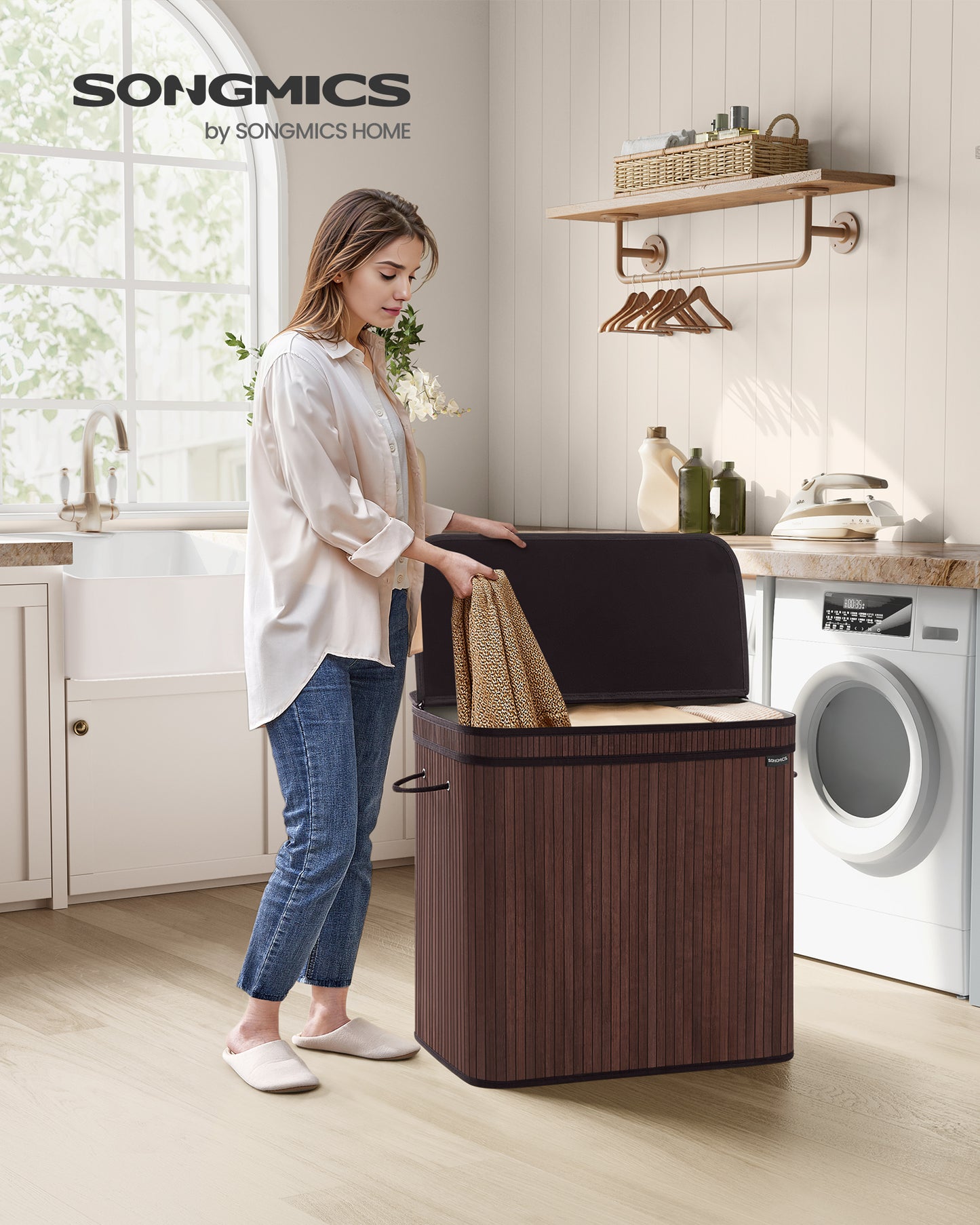 39.6 Gals Laundry Hamper Basket Bamboo Laundry Basket with Lid Removable Machine Washable with Handles Chestnut Brown