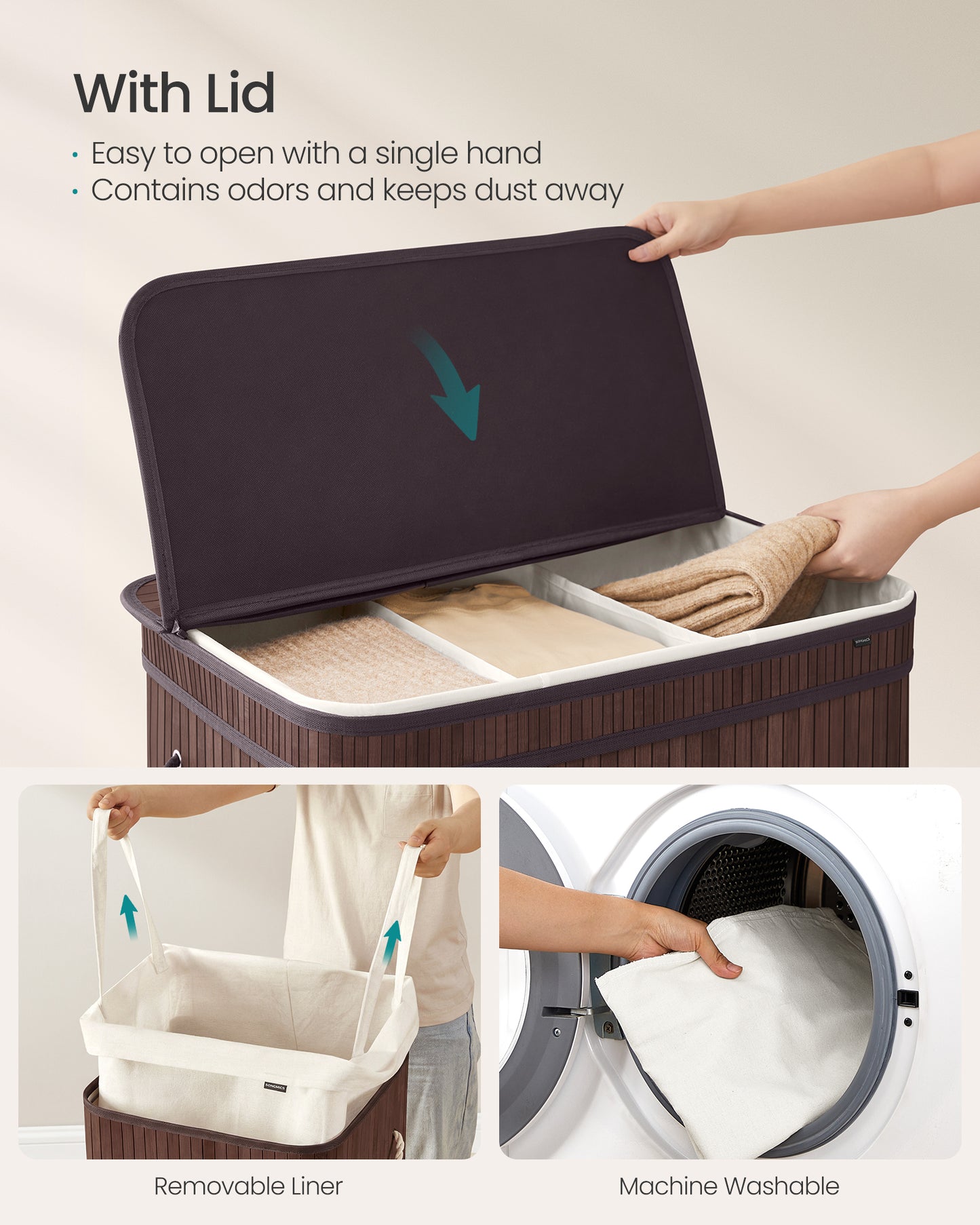 39.6 Gals Laundry Hamper Basket Bamboo Laundry Basket with Lid Removable Machine Washable with Handles Chestnut Brown
