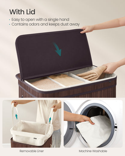 39.6 Gals Laundry Hamper Basket Bamboo Laundry Basket with Lid Removable Machine Washable with Handles Chestnut Brown