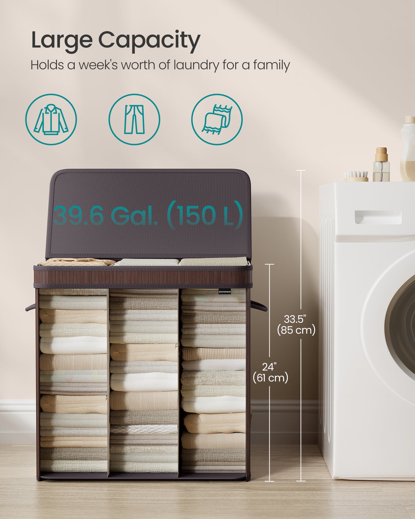 39.6 Gals Laundry Hamper Basket Bamboo Laundry Basket with Lid Removable Machine Washable with Handles Chestnut Brown