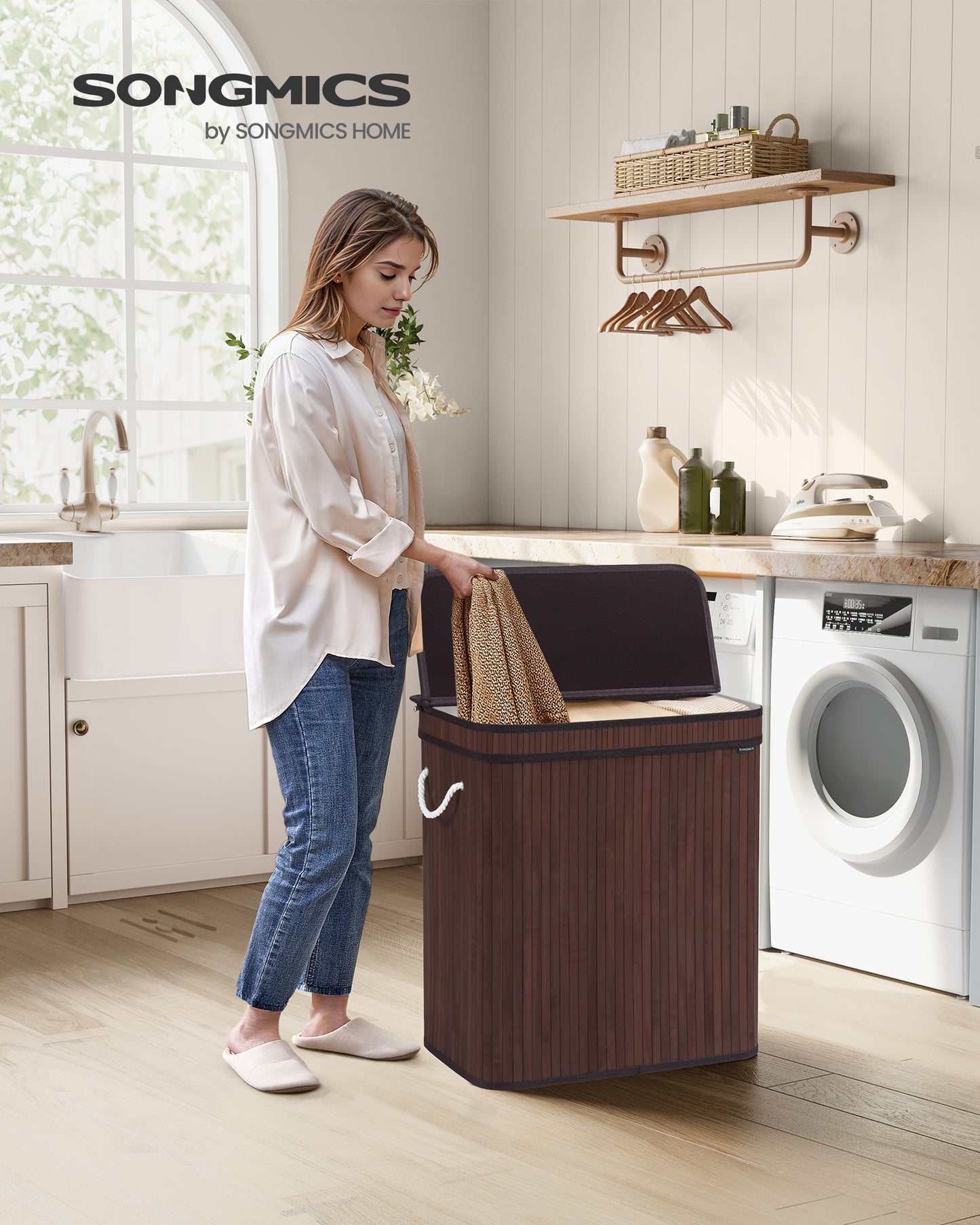 SONGMICS 100L Laundry Hamper with Lid Bamboo Laundry Basket with Liner Bag Foldable Storage Hamper Brown