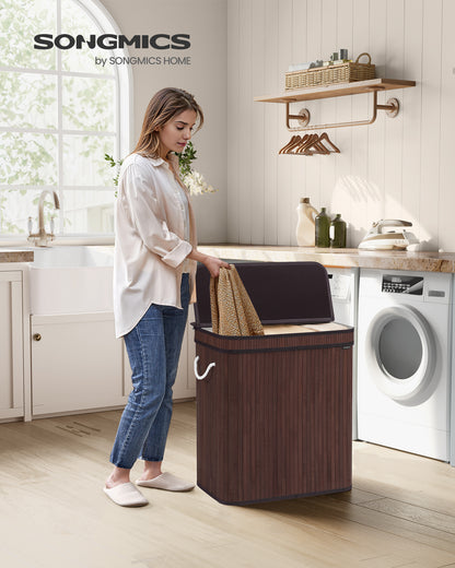 SONGMICS 100L Laundry Hamper with Lid Bamboo Laundry Basket with Liner Bag Foldable Storage Hamper Brown