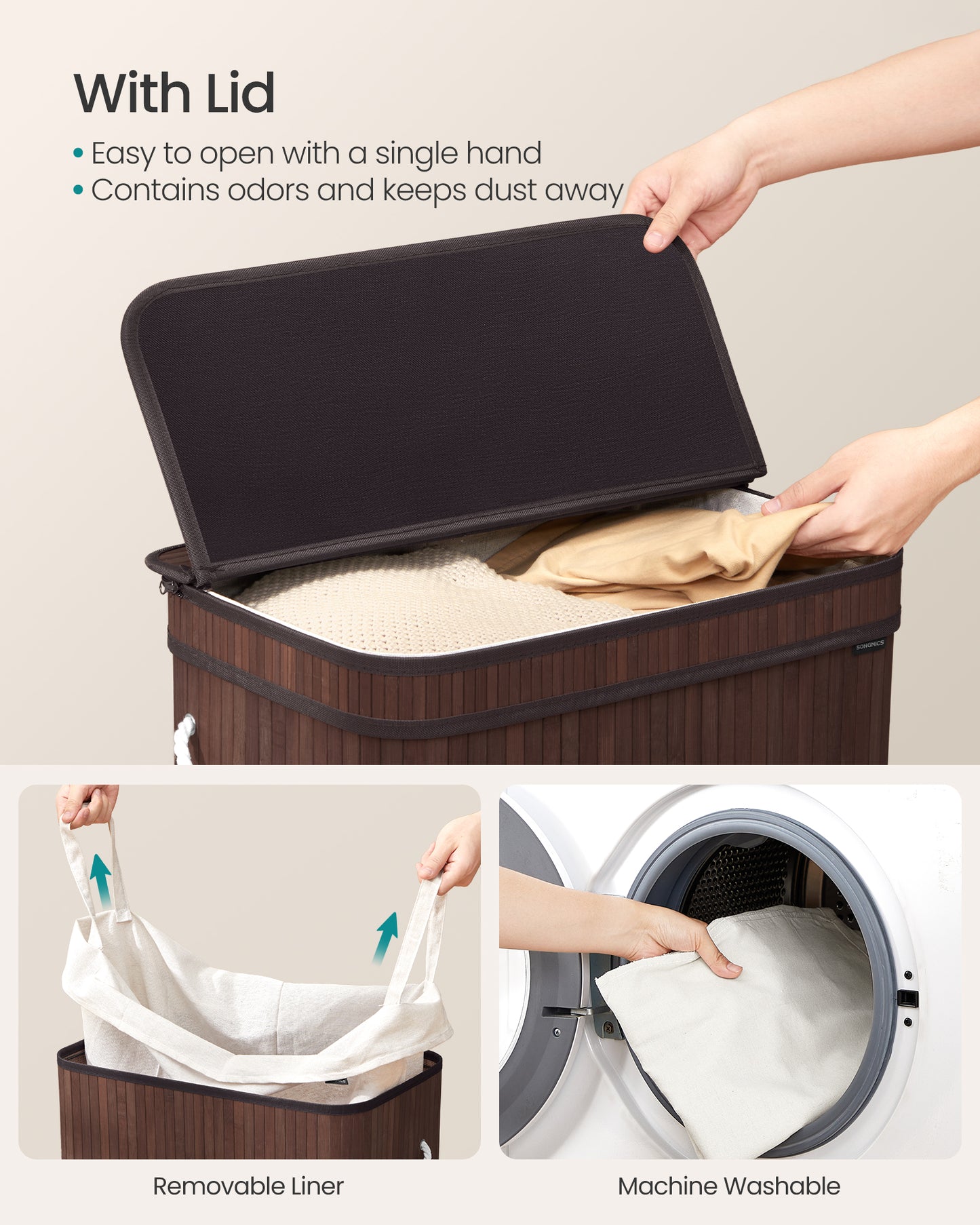 Laundry Basket with Lid Bamboo Laundry Storage, Removable Machine Washable Laundry Hamper with Handles, 26.4 Gallons, for Laundry Room