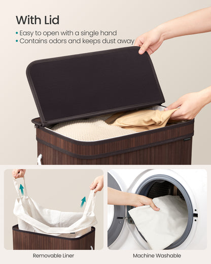 Laundry Basket with Lid Bamboo Laundry Storage, Removable Machine Washable Laundry Hamper with Handles, 26.4 Gallons, for Laundry Room