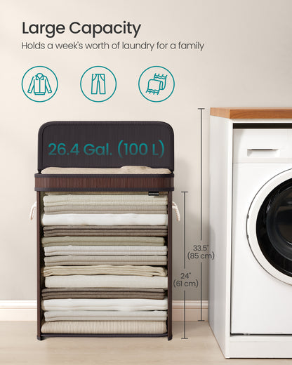 Laundry Basket with Lid Bamboo Laundry Storage, Removable Machine Washable Laundry Hamper with Handles, 26.4 Gallons, for Laundry Room