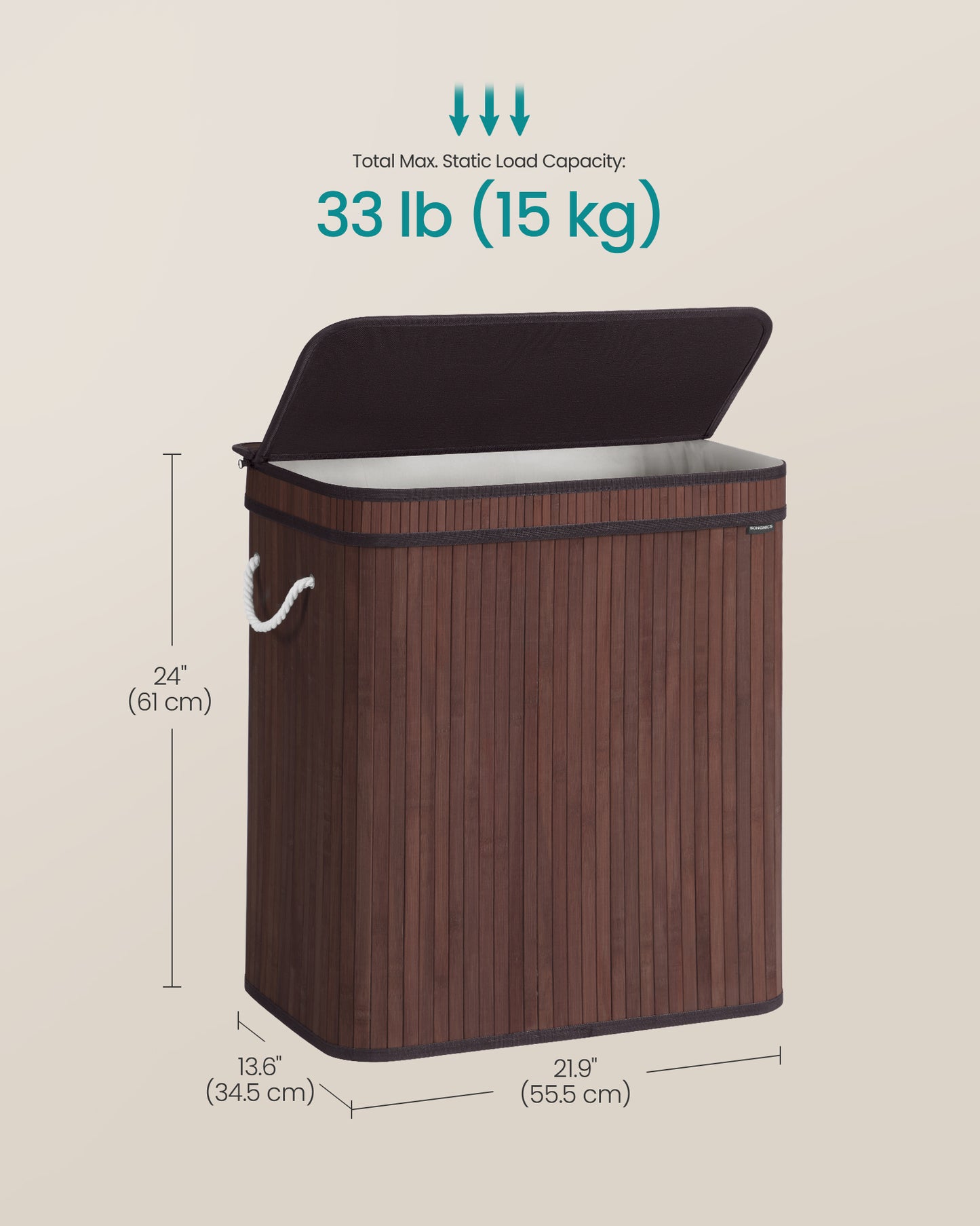 SONGMICS 100L Laundry Hamper with Lid Bamboo Laundry Basket with Liner Bag Foldable Storage Hamper Brown