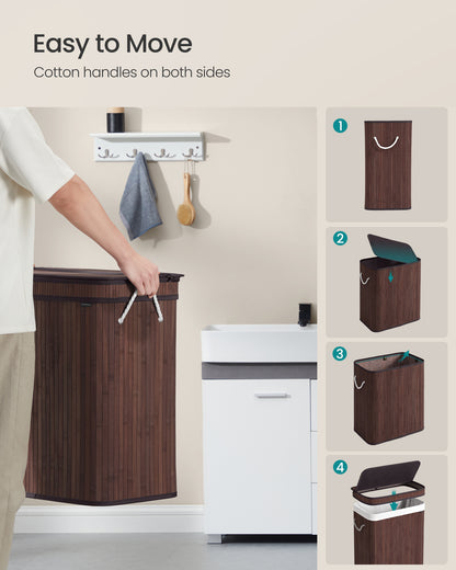 SONGMICS 100L Laundry Hamper with Lid Bamboo Laundry Basket with Liner Bag Foldable Storage Hamper Brown
