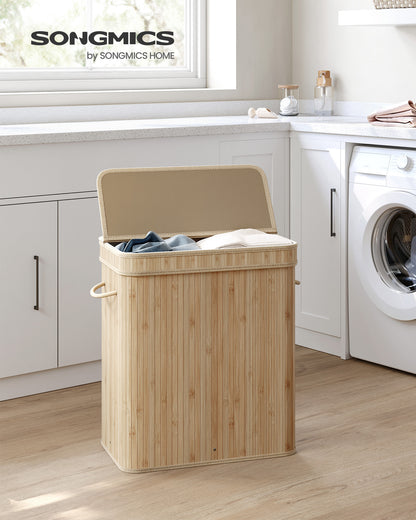 SONGMICS 26 Gallons Laundry Hamper with Lid Bamboo Laundry Basket with Handles Natural