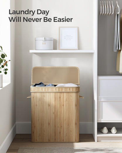 SONGMICS 26 Gallons Laundry Hamper with Lid Bamboo Laundry Basket with Handles Natural