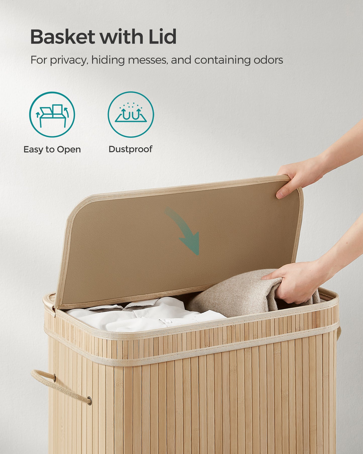 SONGMICS 26 Gallons Laundry Hamper with Lid Bamboo Laundry Basket with Handles Natural