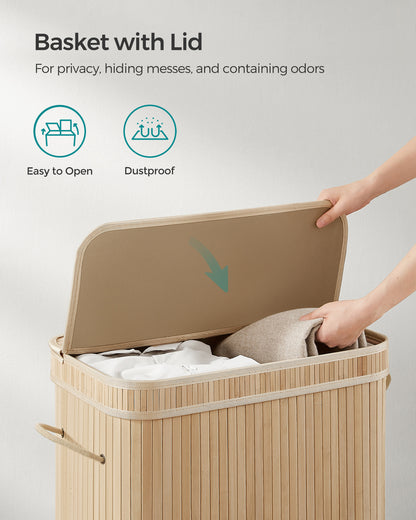 SONGMICS 26 Gallons Laundry Hamper with Lid Bamboo Laundry Basket with Handles Natural