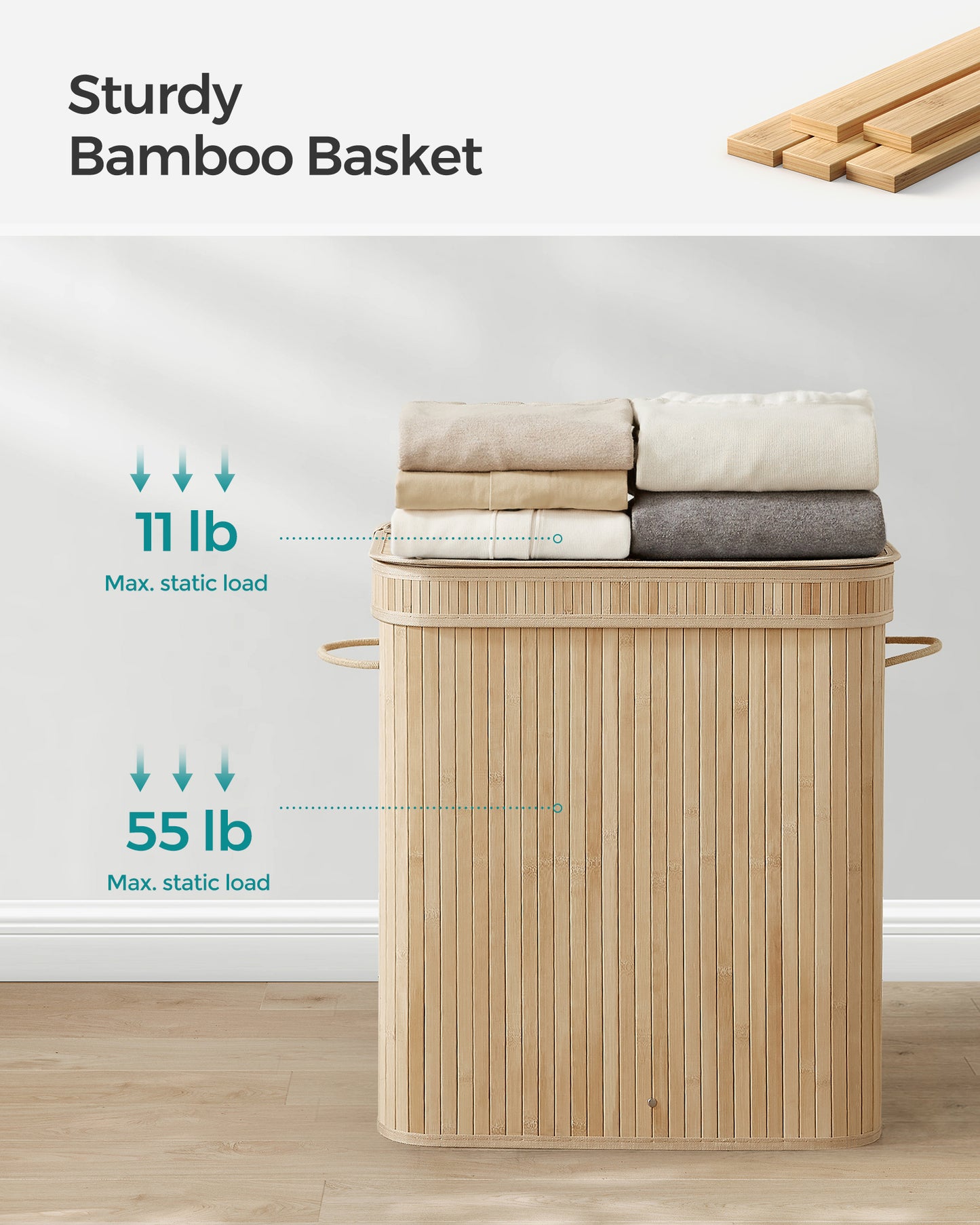 SONGMICS 26 Gallons Laundry Hamper with Lid Bamboo Laundry Basket with Handles Natural
