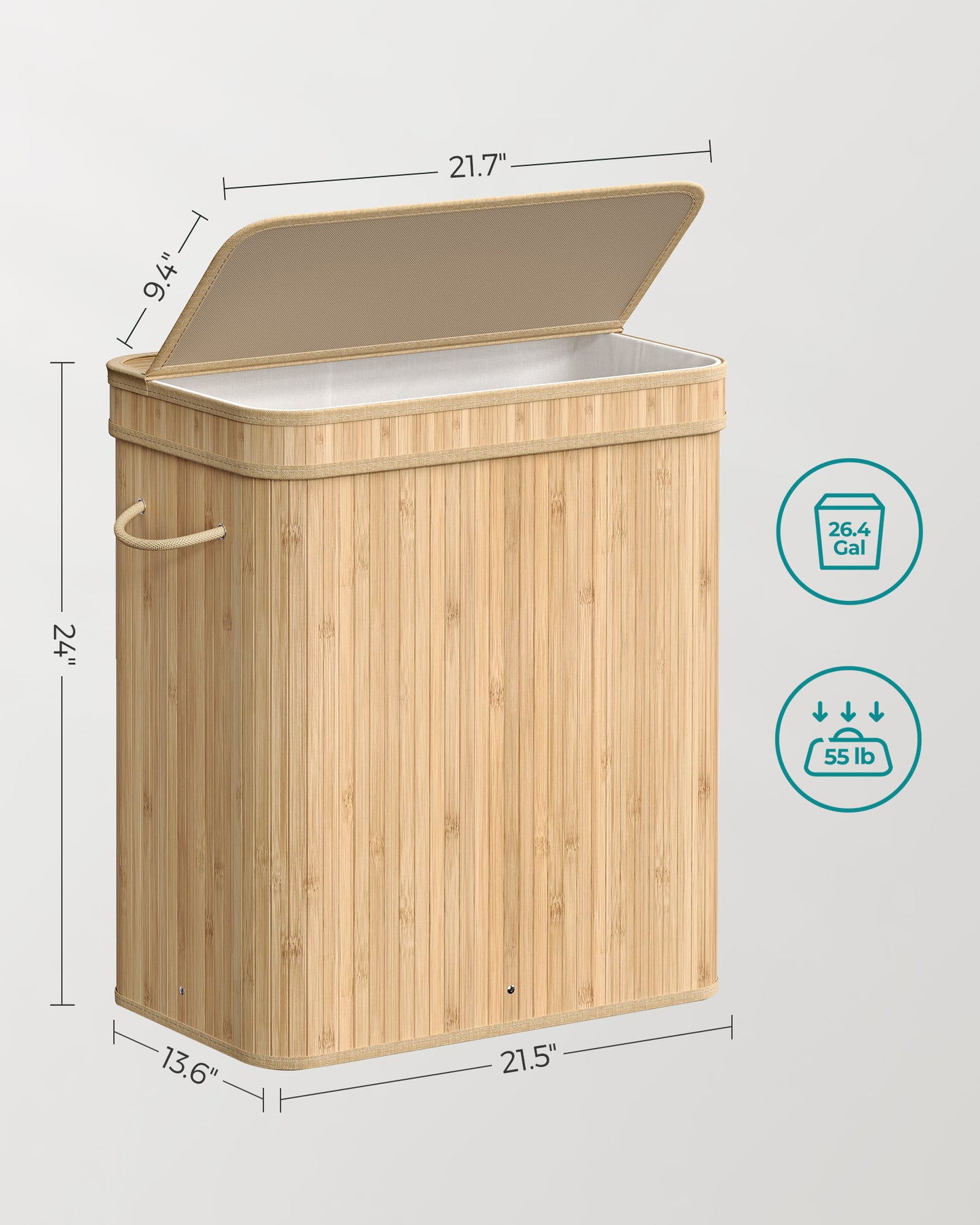 SONGMICS 26 Gallons Laundry Hamper with Lid Bamboo Laundry Basket with Handles Natural