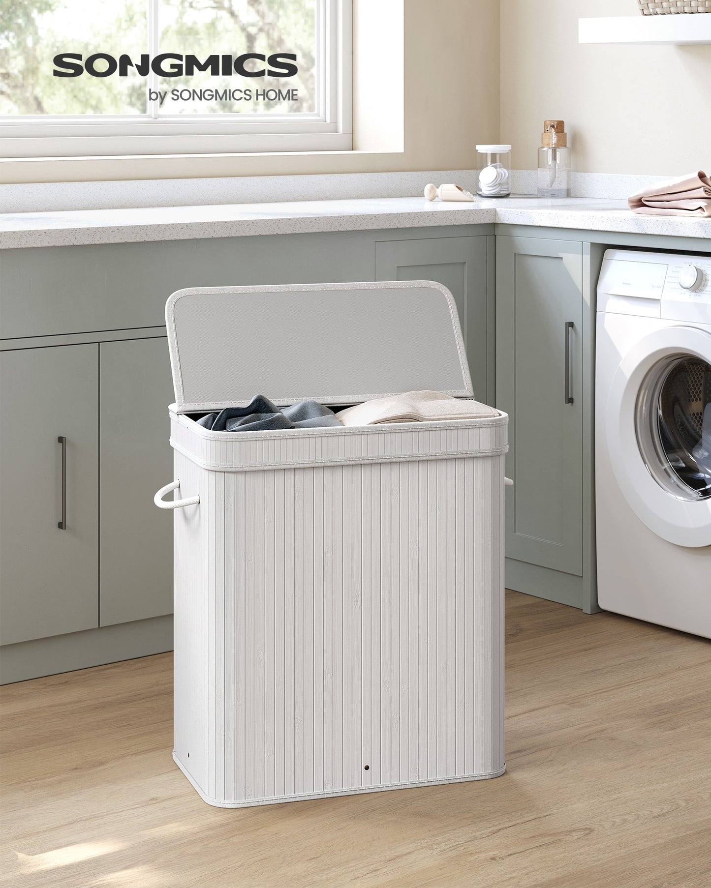SONGMICS 26 Gallons Laundry Hamper with Lid Bamboo Laundry Basket with Handles White