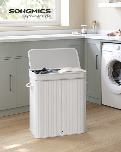 SONGMICS 26 Gallons Laundry Hamper with Lid Bamboo Laundry Basket with Handles White